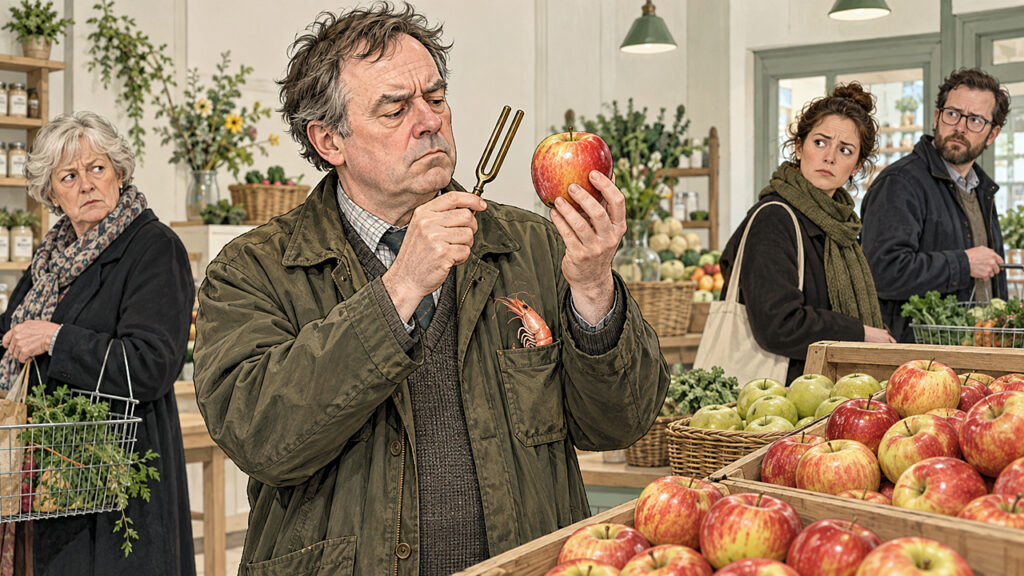 Organic Apple shopper Arthur tests a Honeycrisp with a tuning fork as suspicious customers eye the lucky prawn peeking from his pocket.