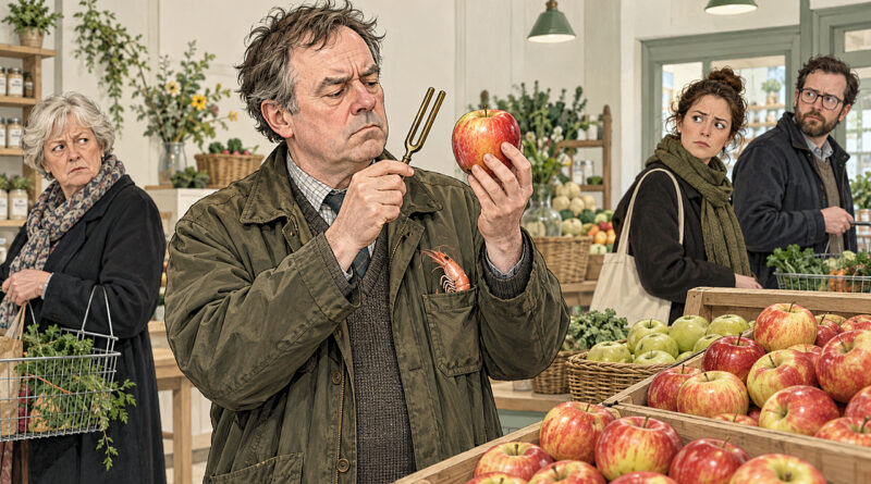 Organic Apple shopper Arthur tests a Honeycrisp with a tuning fork as suspicious customers eye the lucky prawn peeking from his pocket.