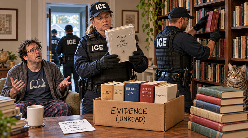 ICE raids target unread books as federal agents inspect a home library, seize pristine classics, and box suspicious volumes as evidence of literary neglect.