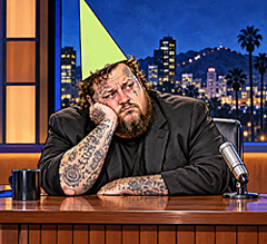 Jelly Roll Plays Jimmy Kimmel, the tattooed country star sits behind a late-night desk wearing a dunce cap and looking thoroughly defeated.