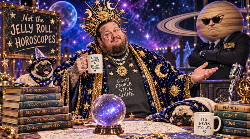 Jelly Roll poses in full astrological drag with crystal balls, wizard pugs, and an unimpressed Saturn after losing his guest horoscope hosting gig.