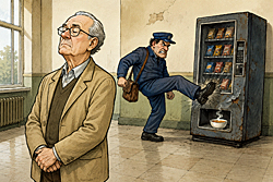 Mind your own business day. A postal worker kicks a vending machine dispensing soup while a determined bystander stares away and refuses to notice.