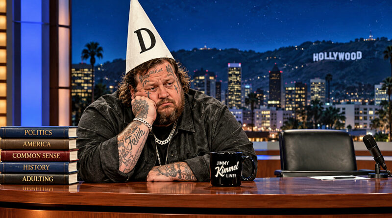 Jelly Roll Plays Jimmy Kimmel as the tattooed country star sits behind a late-night desk wearing a dunce cap and looking thoroughly defeated.
