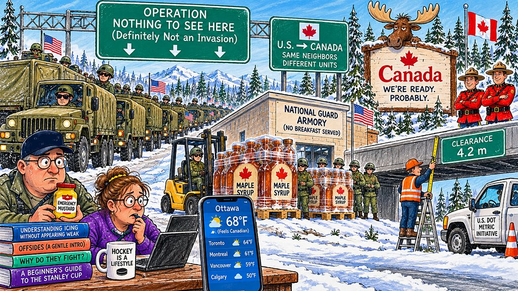 Invade Canada satire shows U.S. troops heading north with maple syrup, metric road signs, hockey briefings, and suspiciously warm Canadian weather.