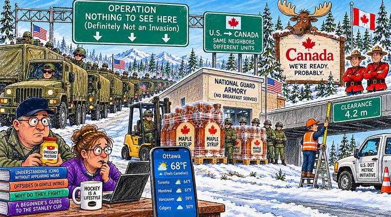 Invade Canada satire shows U.S. troops heading north with maple syrup, metric road signs, hockey briefings, and suspiciously warm Canadian weather.