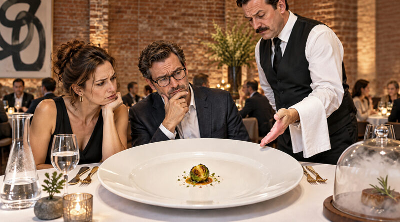 Pretentious Restaurant Is the scene as two baffled diners study one tiny Brussels sprout on a huge white plate while a solemn waiter presents their dinner.