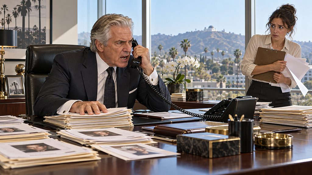 Roll the Calls illustration showing a Hollywood agent shouting into a desk phone while his assistant clutches a clipboard beside stacks of paperwork.
