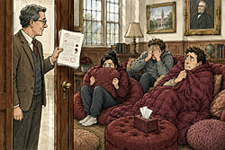 Safe space for students shelters three undergraduates recoiling from a professor holding a corrected paper marked with a large semicolon.