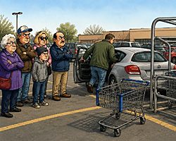 Return the shopping cart scene shows shoppers glaring at a man abandoning his cart just steps from the supermarket cart corral.