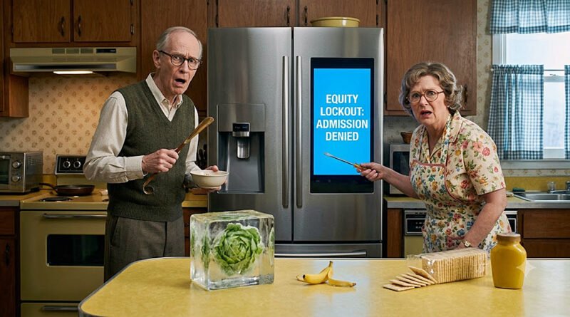 Elderly man with shoehorn and woman with screwdriver face smart home AI refrigerator lockout displaying equity denial message over frozen lettuce on counter.