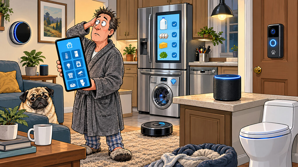 Smart home owner struggles with connected appliances as his refrigerator, thermostat, doorbell, toilet, and robot vacuum quietly take control.