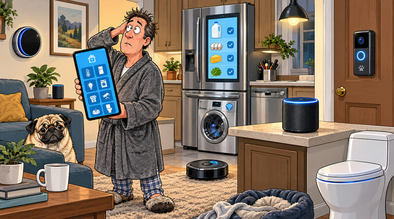 Smart home owner struggles with connected appliances as his refrigerator, thermostat, doorbell, toilet, and robot vacuum quietly take control.