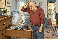 Quantum superposition collapses as a man opens his drawer and discovers a sock with a grapefruit-sized hole.