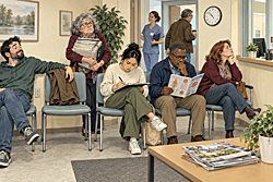 Waiting Room Horoscopes show patients guarding chairs, correcting forms and reading medical pamphlets while a nurse calls a man leaving with coffee.