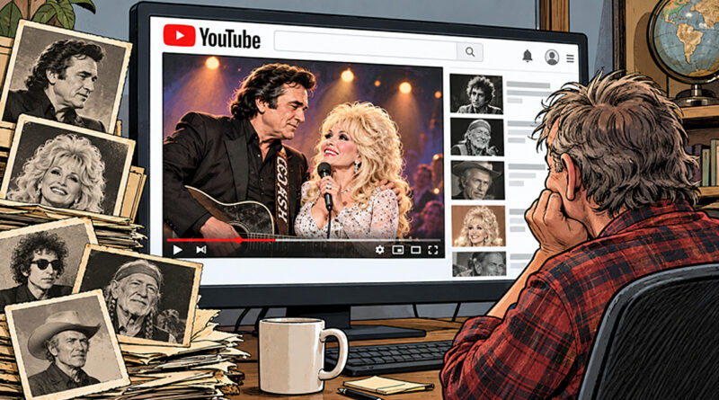 YouTube history illustration shows a viewer watching a fabricated Johnny Cash and Dolly Parton performance surrounded by old celebrity photographs.