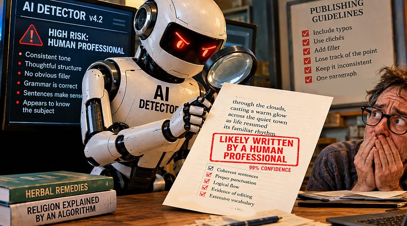 AI writing detector flags polished human prose as suspicious while examining a professional writer’s carefully edited manuscript.