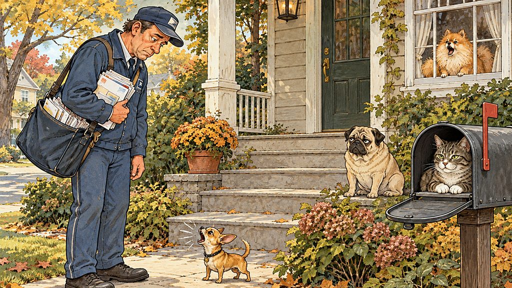Most annoying dog breeds confront weary mail carrier: a barking Chihuahua, watchful pug and a Pomeranian in a window, with a cat tucked inside a mailbox nearby.