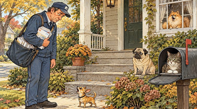 Most annoying dog breeds confront weary mail carrier: a barking Chihuahua, watchful pug and a Pomeranian in a window, with a cat tucked inside a mailbox nearby.
