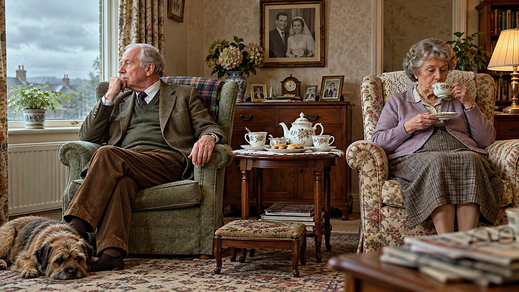 British avoid discussing feelings. An elderly couple sip tea in separate armchairs, avoiding eye contact beneath their wedding portrait on a rainy day.