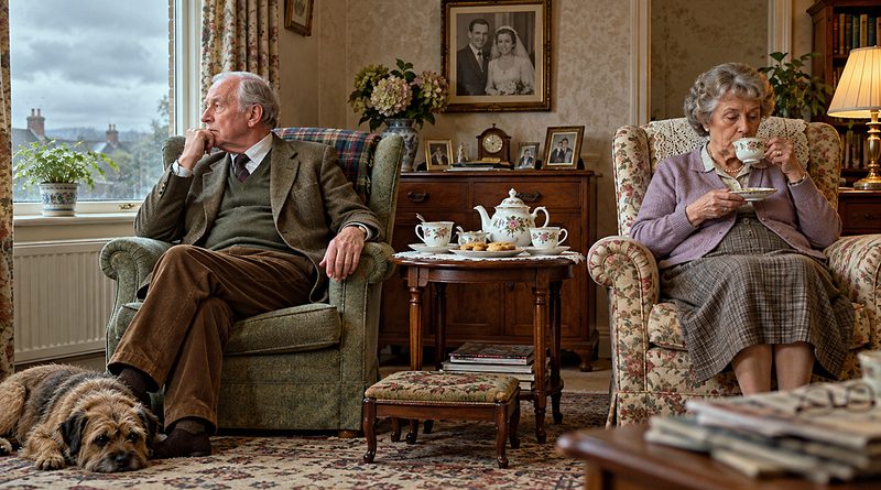 British avoid discussing feelings. An elderly couple sip tea in separate armchairs, avoiding eye contact beneath their wedding portrait on a rainy day.