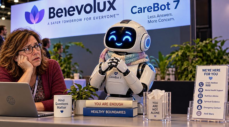 Most Cautious AI Chatbot CareBot 7 smiles reassuringly as a frustrated woman discovers that Benevolux offers endless concern but absolutely no answers.