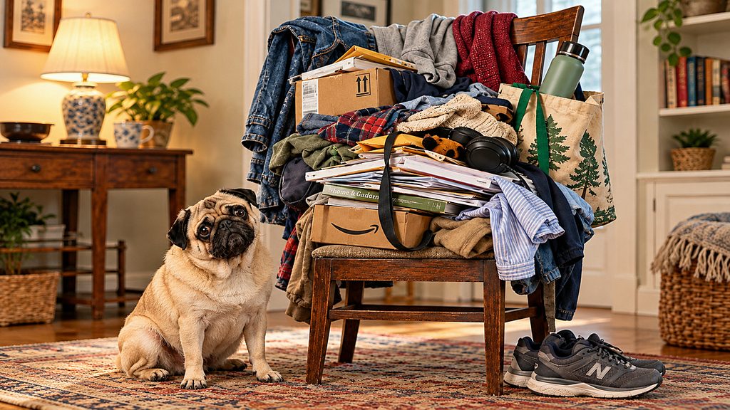 Everyday Problems include the household chair that has surrendered its original purpose to piles of clothing, packages, paperwork, and a watchful pug.