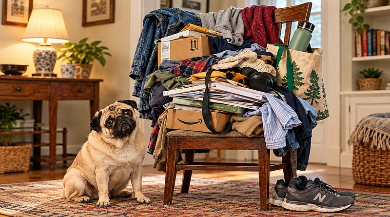 Everyday Problems include the household chair that has surrendered its original purpose to piles of clothing, packages, paperwork, and a watchful pug.