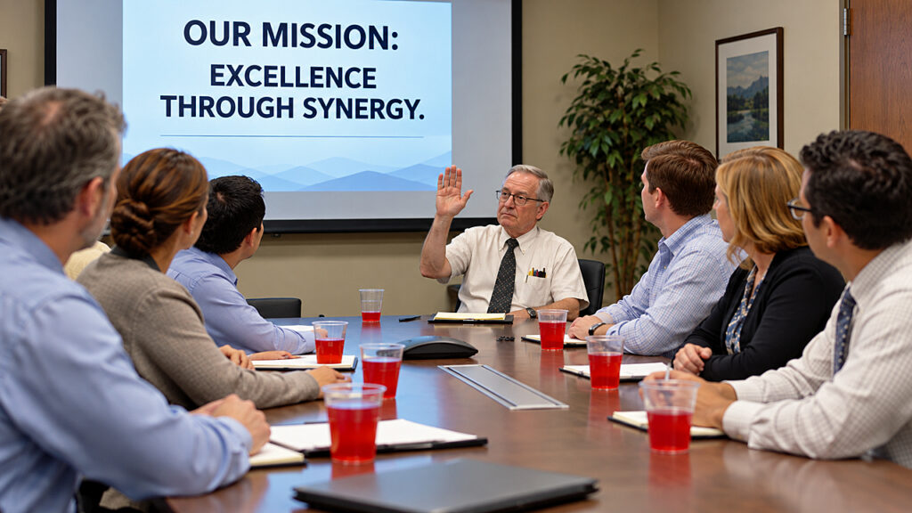 Don't Drink the Cool-Aid Day illustration shows one skeptical employee refusing red punch while coworkers embrace corporate synergy at a conference table.
