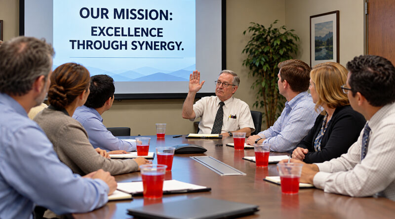 Don't Drink the Cool-Aid Day illustration shows one skeptical employee refusing red punch while coworkers embrace corporate synergy at a conference table.