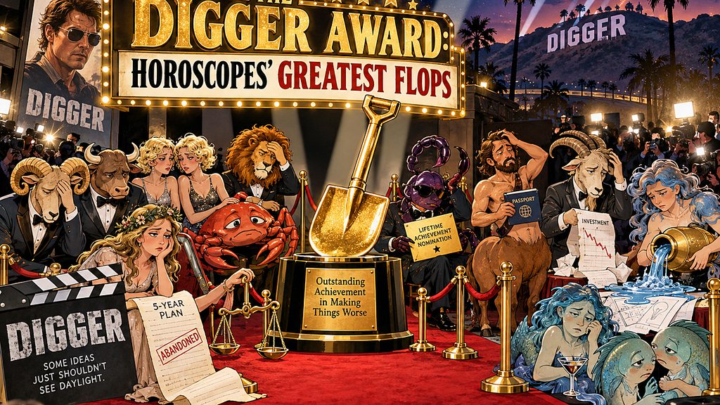 Zodiac signs gather around a golden shovel trophy at the Digger Awards, celebrating their greatest flops beneath Hollywood lights and a starry sky.