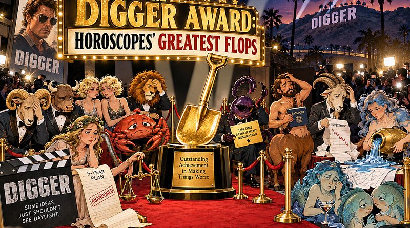 Zodiac signs gather around a golden shovel trophy at the Digger Awards, celebrating their greatest flops beneath Hollywood lights and a starry sky.