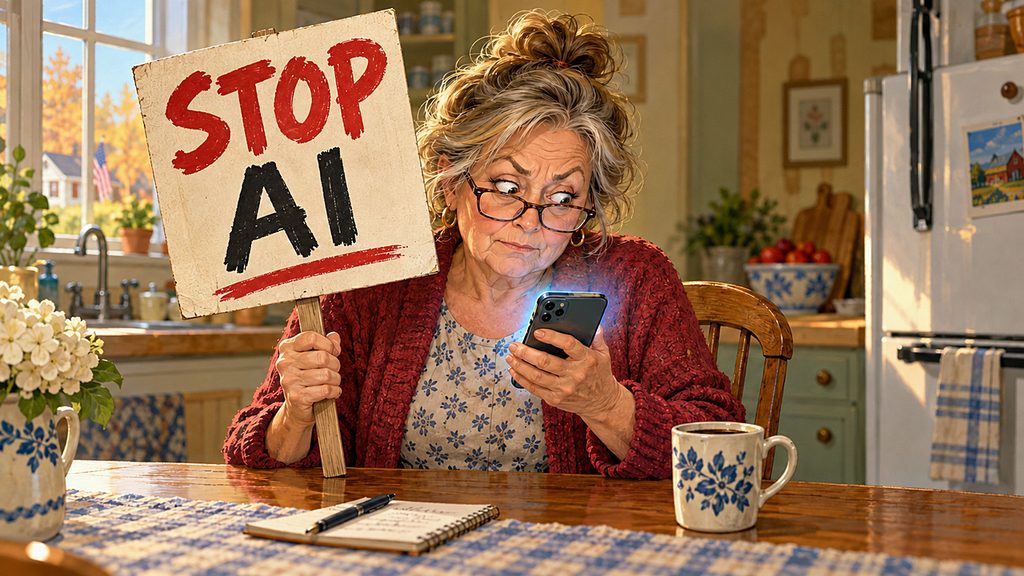 Guilty pleasure illustrated by a woman holding a STOP AI protest sign while consulting her smartphone at kitchen table, revealing her reliance on AI assistance.