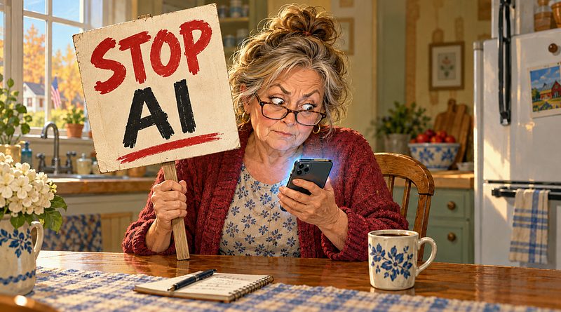 Guilty pleasure illustrated by a woman holding a STOP AI protest sign while consulting her smartphone at kitchen table, revealing her reliance on AI assistance.