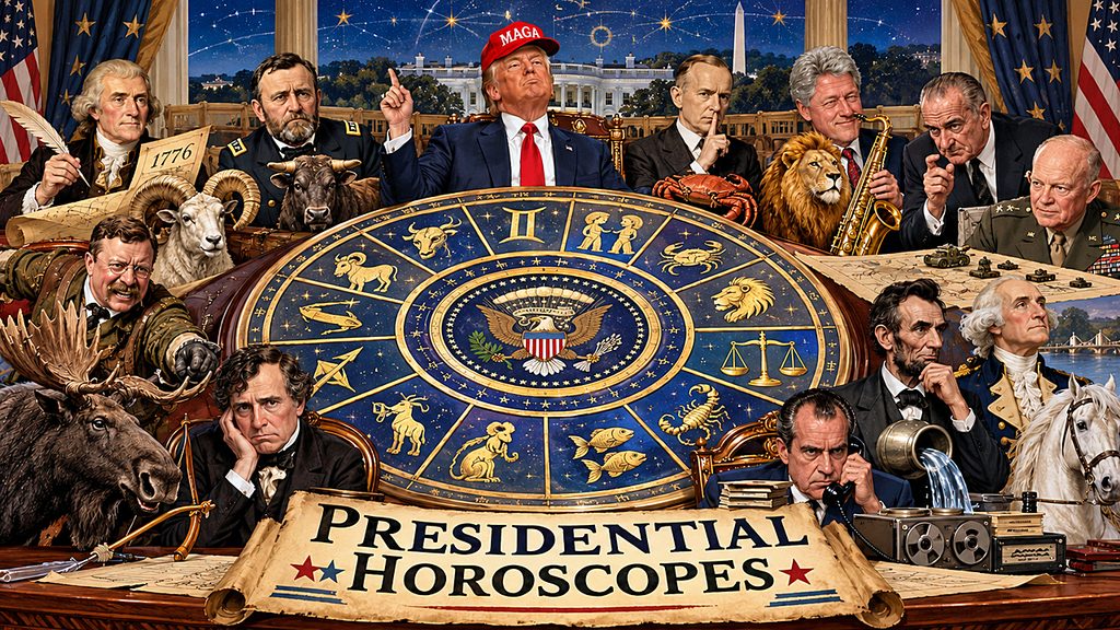 Presidential Horoscopes illustration features Trump in a MAGA hat surrounded by former presidents, zodiac symbols, political scandals, and celestial chaos.