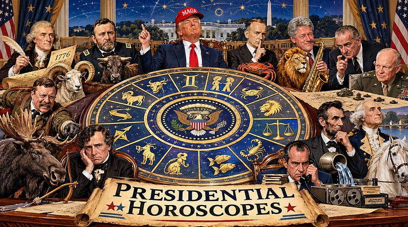 Presidential Horoscopes illustration features Trump in a MAGA hat surrounded by former presidents, zodiac symbols, political scandals, and celestial chaos.
