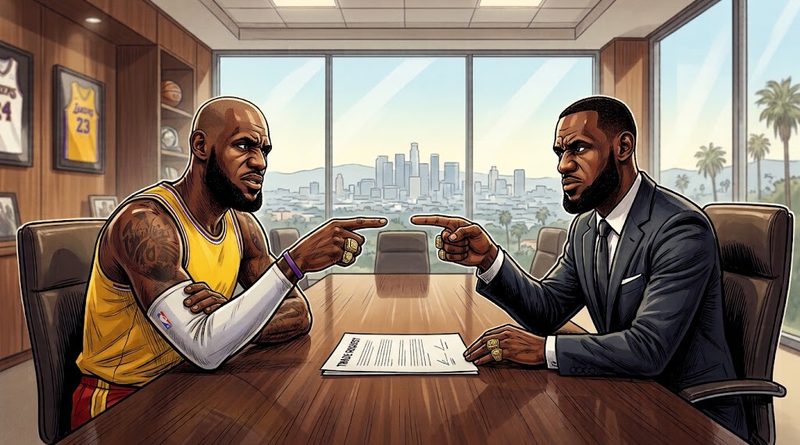 An editorial-cartoon illustration of LeBron James demanding a trade from himself. Two LeBron Jammeses—one in a jersey, the other in a suit—accuse each other.