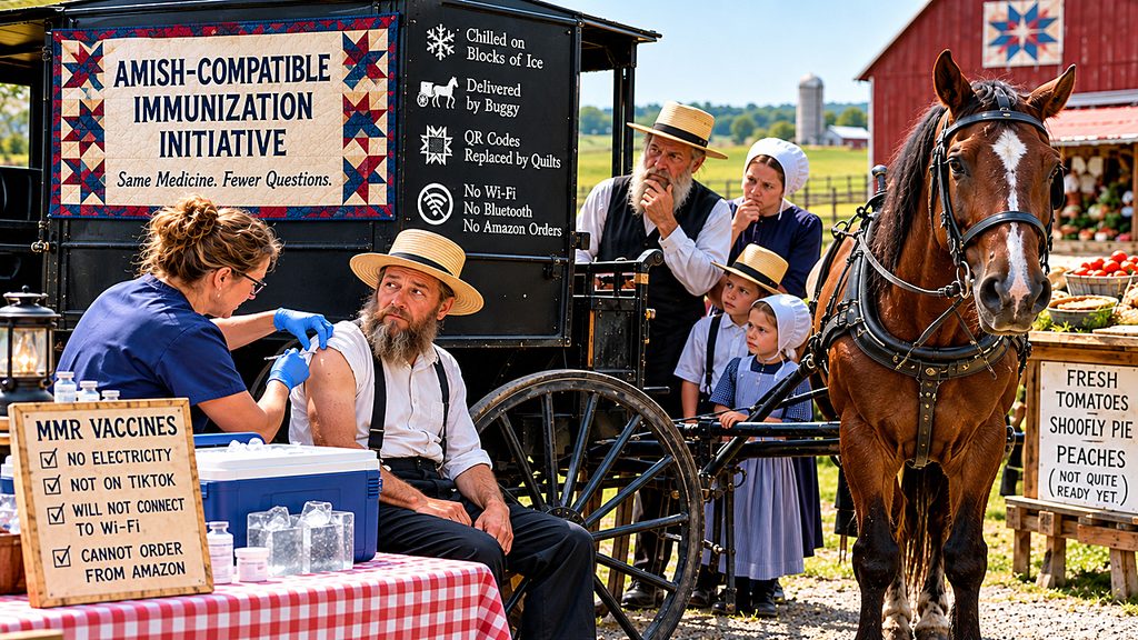 Pennsylvania measles outbreak prompts an Amish vaccination clinic with horse-drawn vaccine delivery, puzzled families, a nurse, and warnings against modern technology.