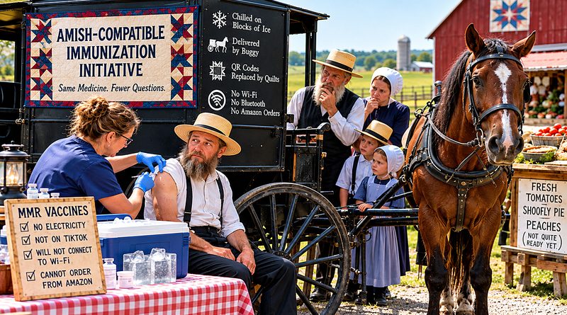 Pennsylvania measles outbreak prompts an Amish vaccination clinic with horse-drawn vaccine delivery, puzzled families, a nurse, and warnings against modern technology.