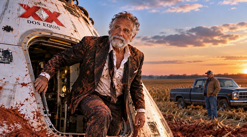 Most Interesting Man in the World climbs from a battered Dos Equis space capsule after ten years on Mars, muddy, disheveled, and ready for a beer.