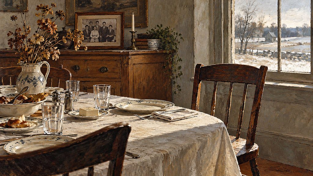 Netflix documentary depicts an empty dining chair beside a set dinner table, bathed in bleak winter light, suggesting a mystery that never existed.