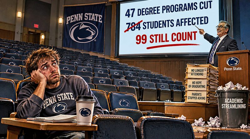 Penn State Cuts 47 Degree Programs as a weary student watches an administrator celebrate enrollment reductions in a nearly empty lecture hall.