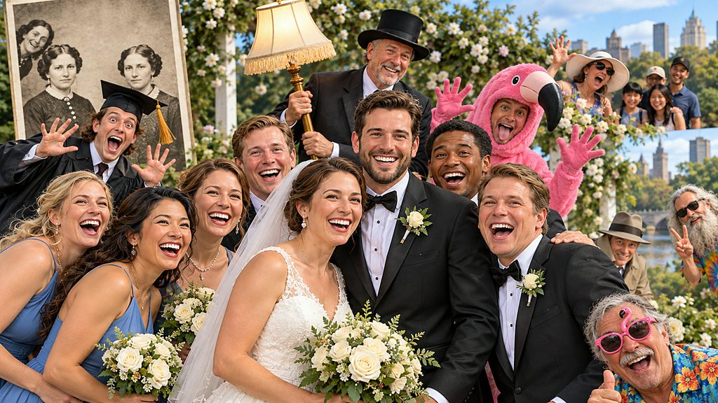 Photobomb Attacks celebration turns a wedding photo into comic chaos as uninvited faces, flamingos, props, and determined strangers invade the frame.