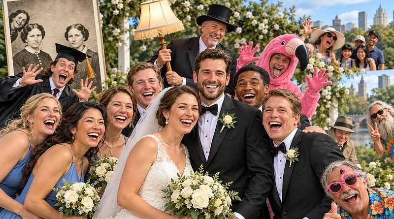 Photobomb Attacks celebration turns a wedding photo into comic chaos as uninvited faces, flamingos, props, and determined strangers invade the frame.