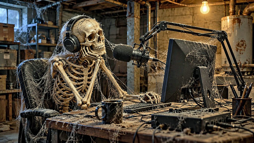Podcast failure signs illustrated by a cobweb-covered skeleton wearing headphones at a dusty basement computer, still waiting for his first listener.