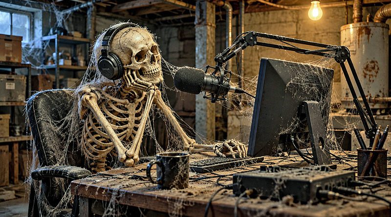 Podcast failure signs illustrated by a cobweb-covered skeleton wearing headphones at a dusty basement computer, still waiting for his first listener.