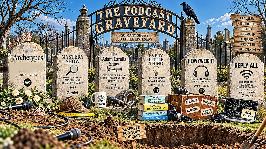 Podcast graveyard illustration shows six defunct shows on tombstones, abandoned microphones, and an open grave awaiting the next failed podcast.