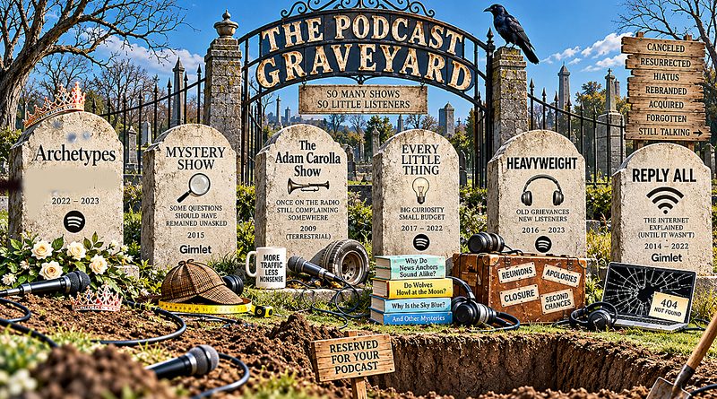 Podcast graveyard illustration shows six defunct shows on tombstones, abandoned microphones, and an open grave awaiting the next failed podcast.