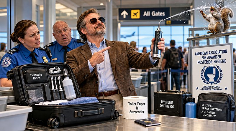 Portable bidet enthusiast demonstrates his high-powered hygiene device at airport security, alarming TSA officers and blasting a startled squirrel with water.