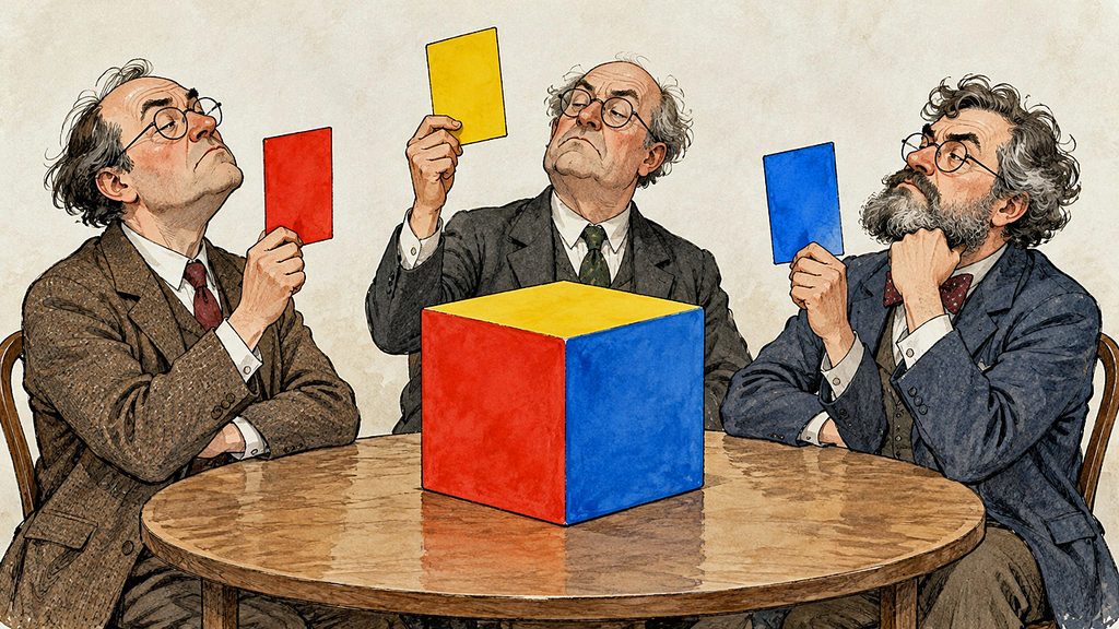 Postmodern Meaning illustration of three solemn scholars seated at a table holding red, yellow, and blue cards beside a multicolored cube.
