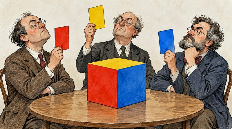 Postmodern Meaning illustration of three solemn scholars seated at a table holding red, yellow, and blue cards beside a multicolored cube.